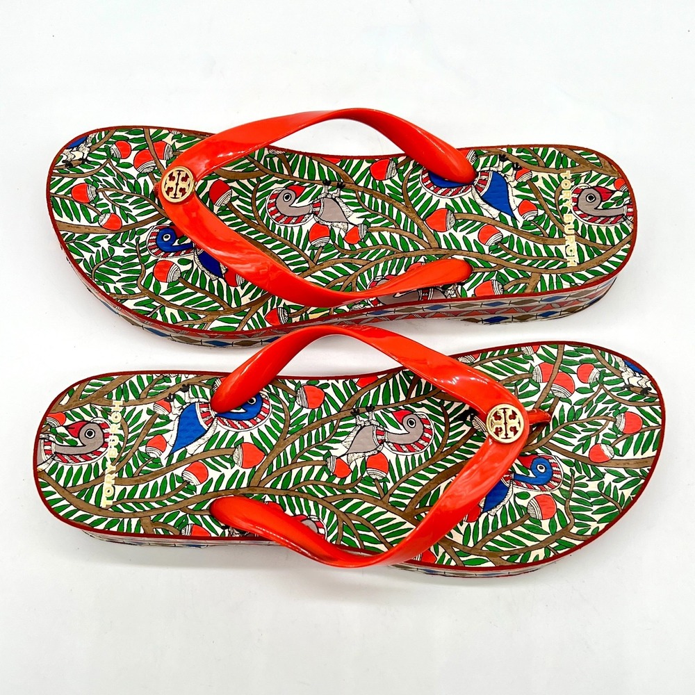 Tory Burch Women's Sz 8/39 Cut Out Wedge Platform Flip-Flop Spicy Orange Wild - Picture 6 of 9